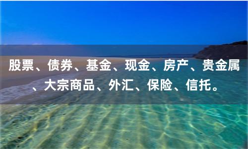 股票、债券、基金、现金、房产、贵金属、大宗商品、外汇、保险、信托。